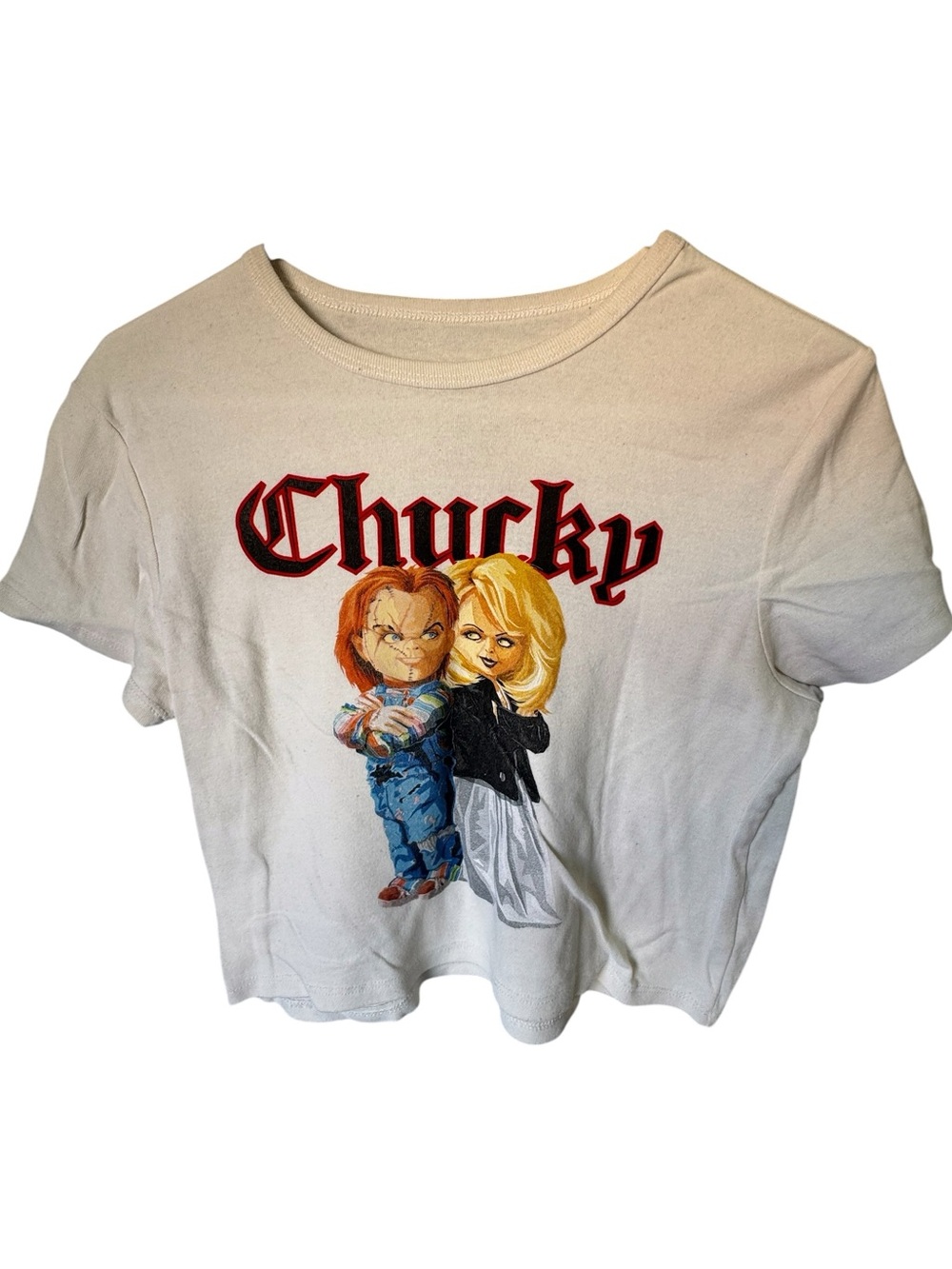 White "Chucky" Youth XL Women’s S Horror Graphic Cropped Tee